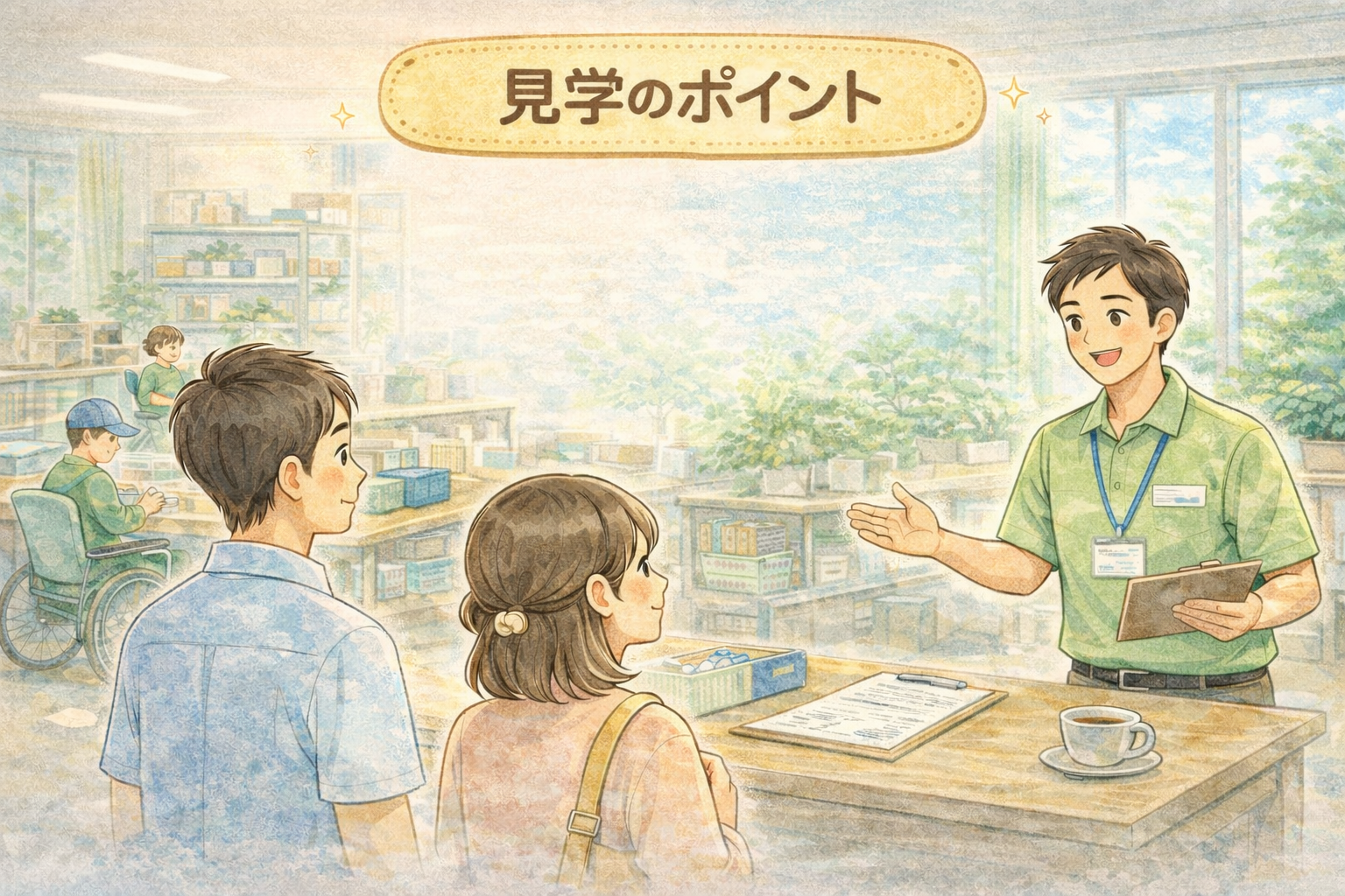 B型事業所を見学するイラスト